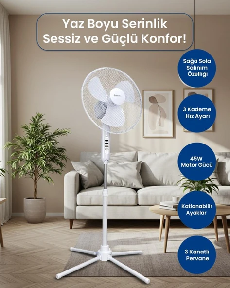 Bright Elegance Be-4116 16" Katlanabilir Ayaklı Standlı Vantilatör Beyaz ürün görseli 1