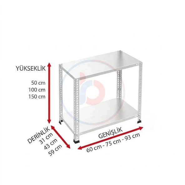 2 Katlı Galvaniz Çelik Raf - Depo, Arşiv, Kiler, Dosya, Market Rafı  59x93 cm 150 cm 1.00 mm ürün görseli 1