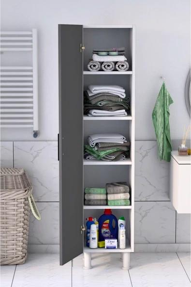 5 Raflı Banyo Boy Dolabı Beyaz Antrasit - Resim 3