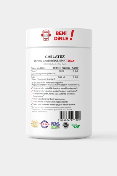 Chelatex Çinko Bakır Bisglisinat Şelat 60 Bitkisel Tablet - Resim 3