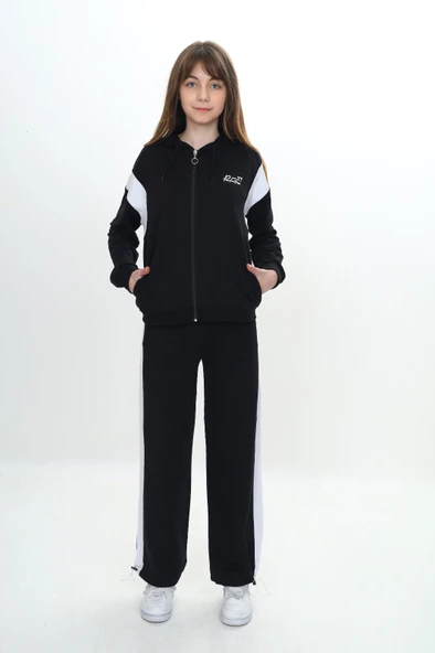 Toontoy Kız Çocuk 2'li Takım Baskılı Kapüşonlu Fermuarlı Cepli Sweatshirt & Beli Lastikli Paçası Ayarlanabilir Eşofman Altı - Garni Detaylı & 2 İplik ürün görseli 1