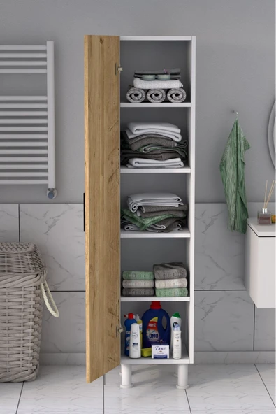 5 Raflı Banyo Boy Dolabı Beyaz Çam - Resim 3