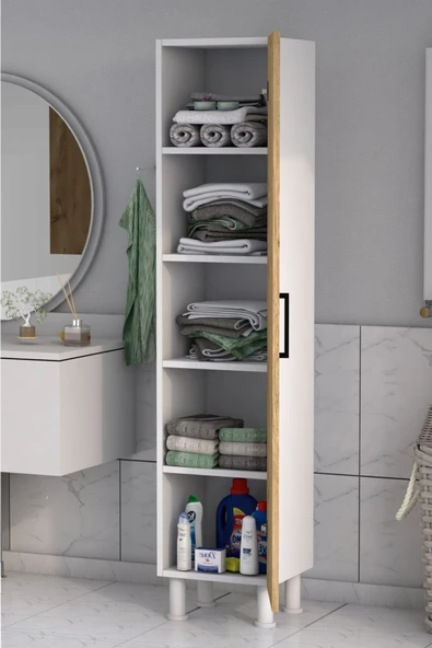 5 Raflı Banyo Boy Dolabı Beyaz Çam - Resim 4