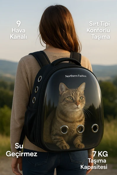 northern fashion Kedi Taşıma Çantası Siyah El Ve Sırt Çantası 9hava Kanalı Kedi Taşıma Çantası File ürün görseli 1