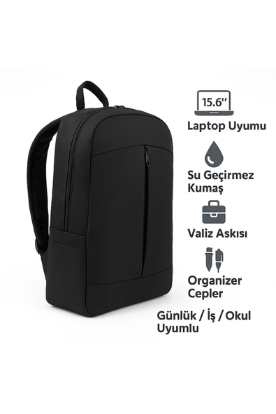 northern fashion 15.6" Notebook Bilgisayar Laptop Sırt Çantası Su Geçirmez Kumaş ve Fermuarlı Siyah ürün görseli 1