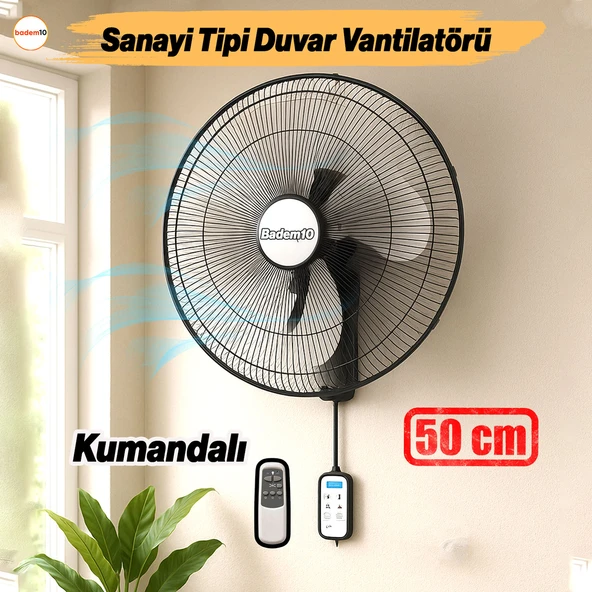 Sanayi Tipi Kumandalı 50 cm 130 W Duvar Vantilatörü Endüstriyel Sessiz Duvara Monte Fan ürün görseli 1