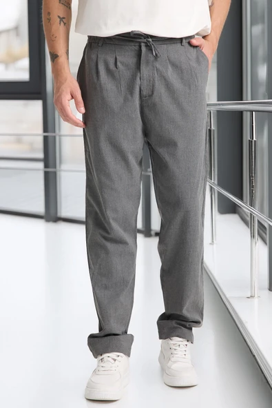 Önü Çift Pileli Fermuarlı Beli Lastikli Jogger Erkek Pantolon - Füme ürün görseli 1