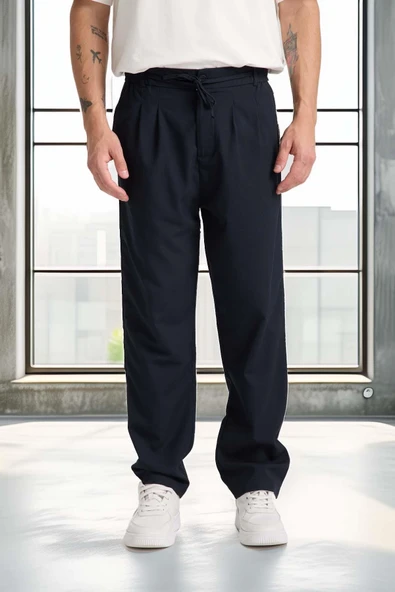 Önü Çift Pileli Fermuarlı Beli Lastikli Jogger Erkek Pantolon - Lacivert ürün görseli 1