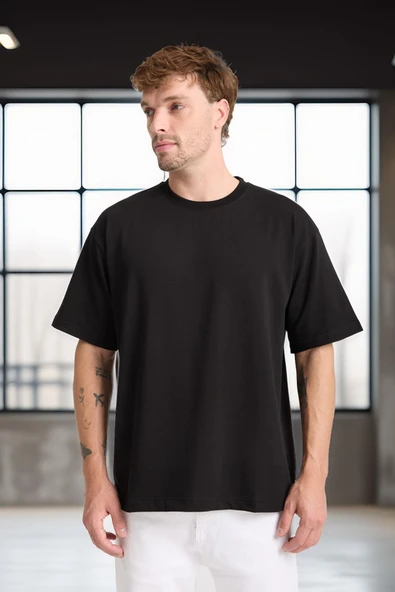 İki İplik Kumaş Pamuklu Bisiklet Yaka Basic Oversize Erkek T-Shirt - Siyah ürün görseli 1