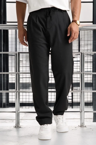 Önü Çift Pileli Fermuarlı Beli Lastikli Jogger Erkek Pantolon - Siyah ürün görseli 1