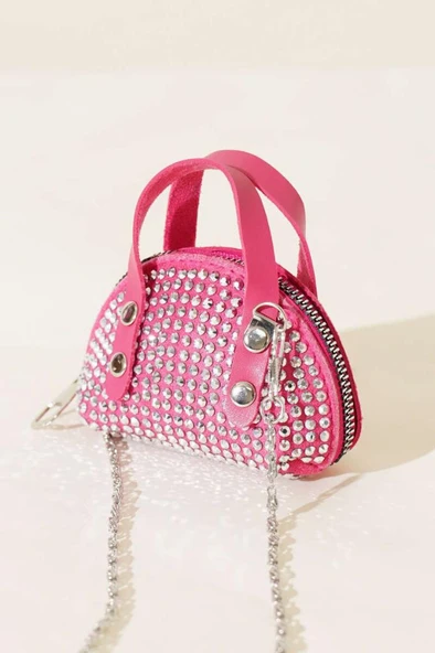 pembe Süet Kumaş, Tek Bölmeli, Zincir Askılı,Fermuarlı, Taşlı, Mini El Ve Omuz Çantası 10 cm ürün görseli 1