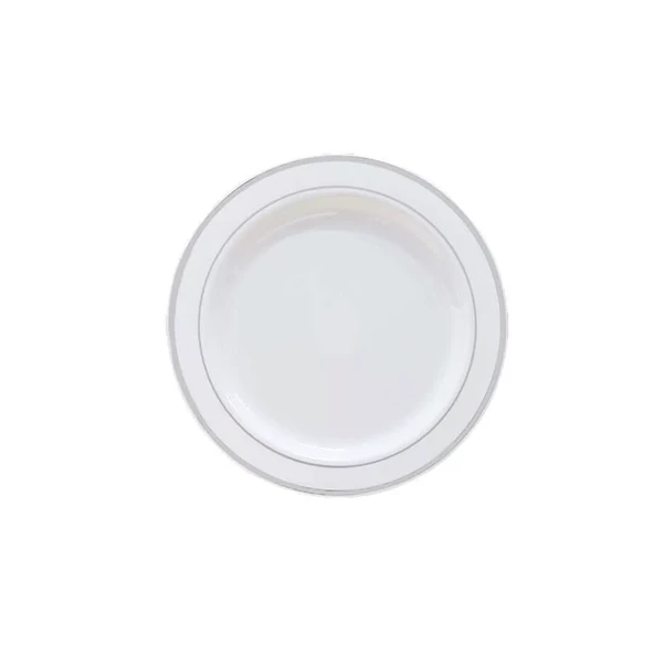 Plastik Gümüş Renk İşlemeli Beyaz Tabak 19 cm - 6 Adet ürün görseli 1