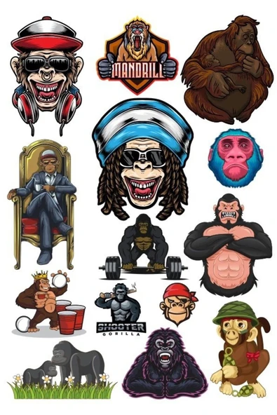 Goril Sticker Set-2 15 Parça Telefon, Tablet, Defter, Laptop Sticker ürün görseli 1