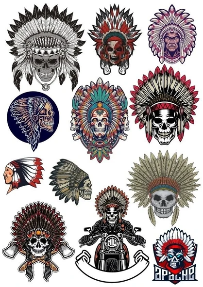 Kızılderili Kuru Kafa Sticker Set 12 Parça Telefon, Tablet, Defter, Laptop Sticker ürün görseli 1