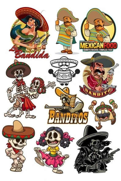 Meksika Temalı Sticker Set 11 Parça Telefon, Tablet, Defter, Laptop Sticker ürün görseli 1