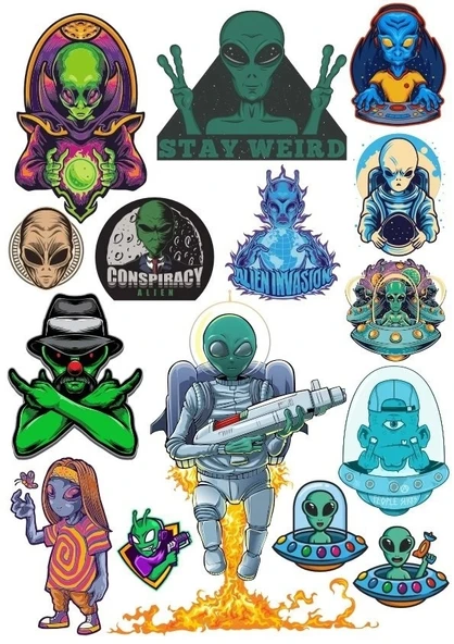 Uzaylı Alien Sticker Set-1 17 Parça Telefon, Tablet, Defter, Laptop Sticker ürün görseli 1