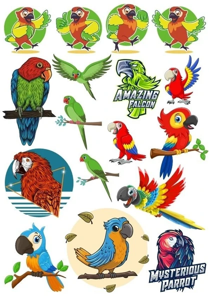 Papağan Sticker Set-2 17 Parça Telefon, Tablet, Defter, Laptop Sticker ürün görseli 1