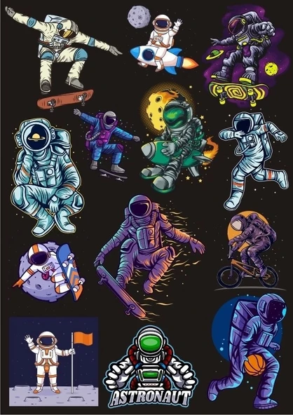 Astronot Sticker Set-7 13 Parça Telefon, Tablet, Defter, Laptop Sticker ürün görseli 1