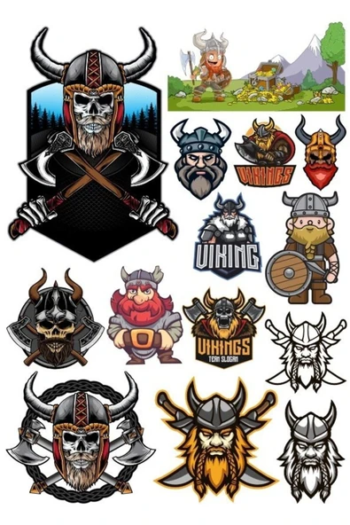 Vikings İsklelet ve Savaşçı Sticker Set 17 Parça Telefon, Tablet, Defter, Laptop Sticker ürün görseli 1