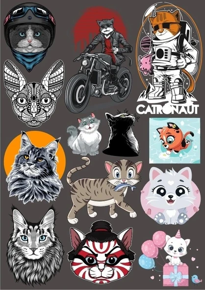 Kediler Sticker Set-16 16 Parça Telefon, Tablet, Defter, Laptop Sticker ürün görseli 1