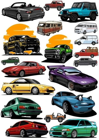 Arabalar Sticker Set 18 Parça Telefon, Tablet, Defter, Laptop Sticker ürün görseli 1