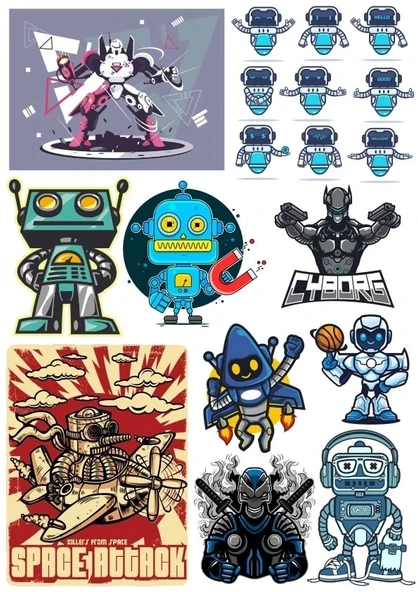 Retro Robot Sticker Set 13 Parça Telefon, Tablet, Defter, Laptop Sticker ürün görseli 1