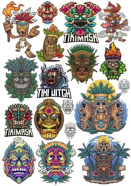 Tiki Mask Sticker Set 1 16 Parça Telefon, Tablet, Defter, Laptop Sticker ürün görseli 1