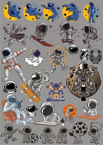 Astronot Sticker Set 9 15 Parça Telefon, Tablet, Defter, Laptop Sticker ürün görseli 1