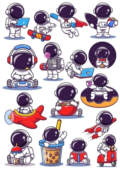 Sevimli Astronot Sticker Set 2 15 Parça Telefon, Tablet, Defter, Laptop Sticker ürün görseli 1