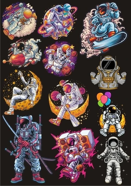Astronot Sticker Set 7 12 Parça Telefon, Tablet, Defter, Laptop Sticker ürün görseli 1
