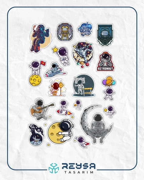 Astronot ve Uzay Sticker Set 4 16 Parça Telefon, Tablet, Defter, Laptop Sticker ürün görseli 1