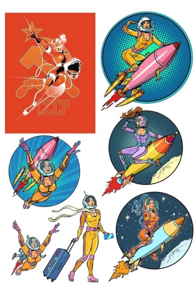 Astronot Kadın Sticker Set 2 7 Parça Telefon, Tablet, Defter, Laptop Sticker ürün görseli 1