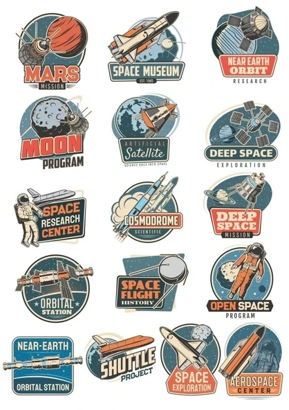 Retro Uzay Sticker Set 8 16 Parça Telefon, Tablet, Defter, Laptop Sticker ürün görseli 1