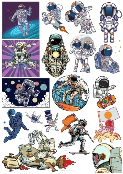 Retro Astronot Sticker Set 3 18 Parça Telefon, Tablet, Defter, Laptop Sticker ürün görseli 1