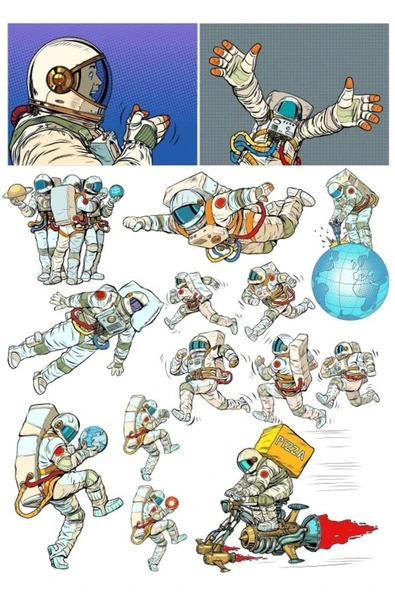 Retro Astronot Sticker Set 2 17 Parça Telefon, Tablet, Defter, Laptop Sticker ürün görseli 1