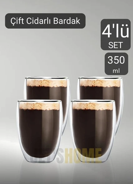 4’lü Set Latte Bardağı Cappuccino Bardağı Çift Cidarlı Bardak Americano Bardağı 350 ml Kahve Bardağı ürün görseli 1