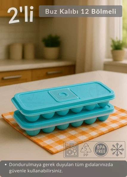 2'li Set Buz Kalıbı 12 Bölmeli Esnek Silikon Buz Küpü BPA FREE Kare Bas Parmak Buzluk Çapı 3,5 cm Mavi ürün görseli 1