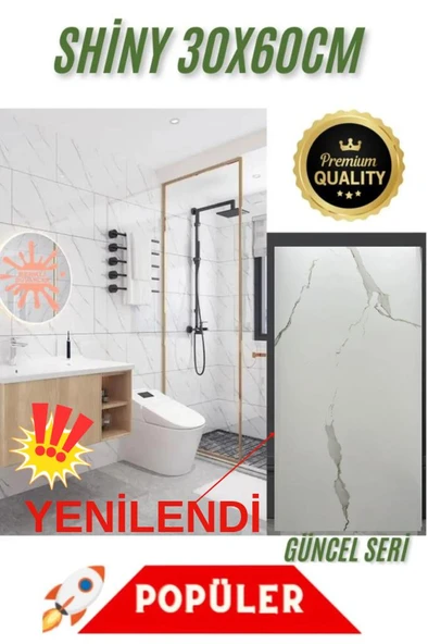 Renkli Duvarlar Shiny 60cmx30 Cm 1 Adet Parlak Beyaz Mermer Desenli Yapışkanlı Duvar Paneli Kağıdı Banyo Wc Döşeme ürün görseli 1