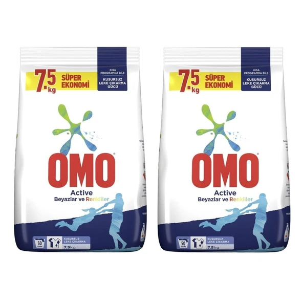 Omo Active Renkliler & Beyazlar Toz Çamaşır Deterjanı 7.5 kg x 2 Adet ürün görseli 1