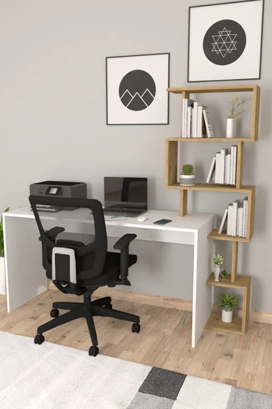 Pratik Kitaplıklı Çalışma Masası Beyaz Çam ürün görseli 1