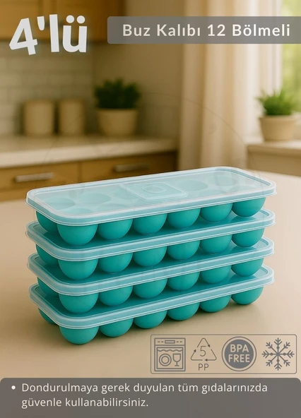 4'lü Set Buz Kalıbı 12 Bölmeli Esnek Silikon Buz Küpü BPA FREE Kare Bas Parmak Buzluk Çapı 3,5 cm Mavi ürün görseli 1