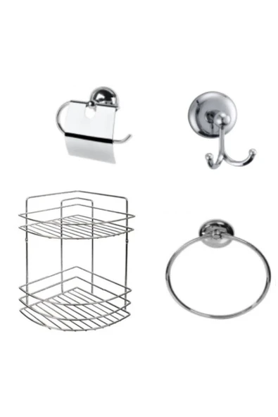 yunuskayatek Krom 4 Parça Banyo Seti(2 Kademe Köşelik-Bornoz Askılığı-Kapaklı Tuvalet Kağıtlığı-Halka Havluluk) Krom ürün görseli 1