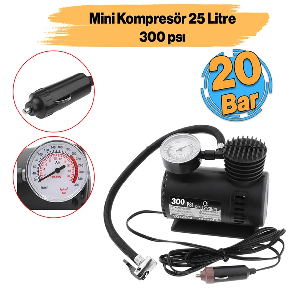 Mini Hava Kompresörü 12V Araç Tipi Çakmaklık Araba Bisiklet Teker Lastik Şambrel Top Şişirme 300 Psı ürün görseli 1