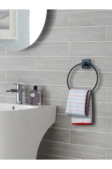 Jusso Yapışkanlı Kolay Monte Banyo Yuvarlak Siyah Havluluk ürün görseli 1