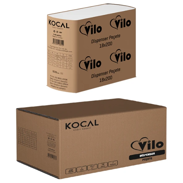 Vilo Dispenser Peçete 18x200 – 1 Katlı, 17x21 cm, Beyaz, 18 Paket (Toplam 3600 Yaprak) ürün görseli 1