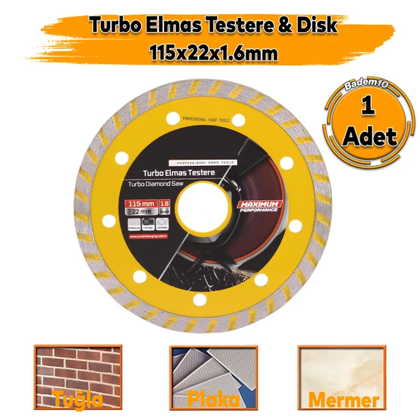 115x22x1.5 mm Turbo Elmas Seramik  İnşaat Mermer Porselen Fayans Granit Sulu Kuru Kesim Kesme Disk ürün görseli 1