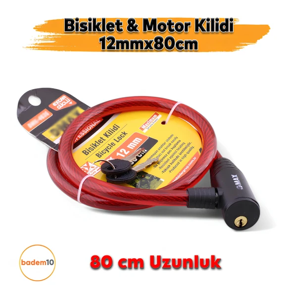 12 mm x 80 cm Çelik Halatlı Asma Kilit – Bisiklet, Motosiklet, Scooter Güvenlik Kilidi + 2 Anahtar ürün görseli 1