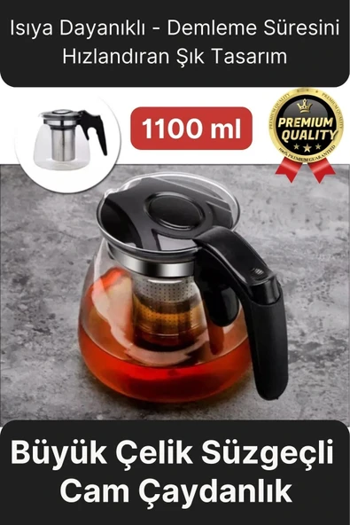 Özel Üretim Isıya Dayanıklı Bitki Çayı Şeffaf Büyük Çelik Süzgeçli Cam Çaydanlık Demlik 1.1 Litre ürün görseli 1