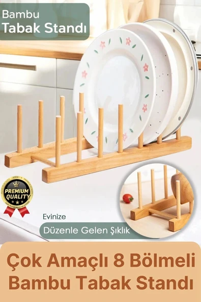 Çok Amaçlı Düzenleyici Bulaşıklık Plak Tabak Kitap Mutfak Organizer 8 Bölmeli Bambu Tabak Standı ürün görseli 1