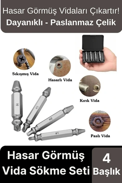 Premium Çok Amaçlı Paslanmaz Çelik Matkap Kırık Hasarlı Bozuk Vida Çıkarıcı Sökme Seti 4 Başlıklı ürün görseli 1